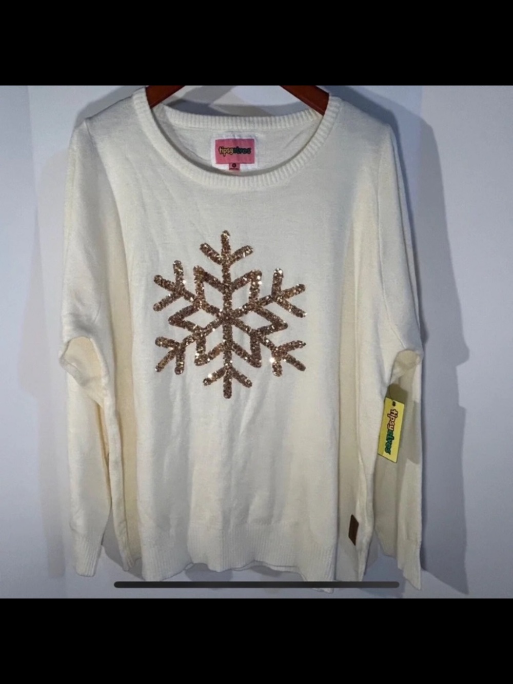 Tipsy Elves Sequin Golden Snowflake Long Sleeve Pullover Sweater White Size XL